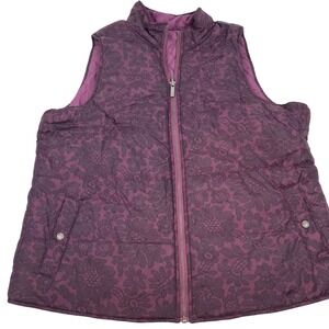 Liz Claiborne Women's Quilted Floral Lace Print Vest Purple Full Zip Pockets